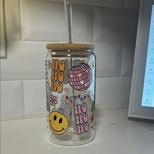 Festive Glass Tumbler with Straw